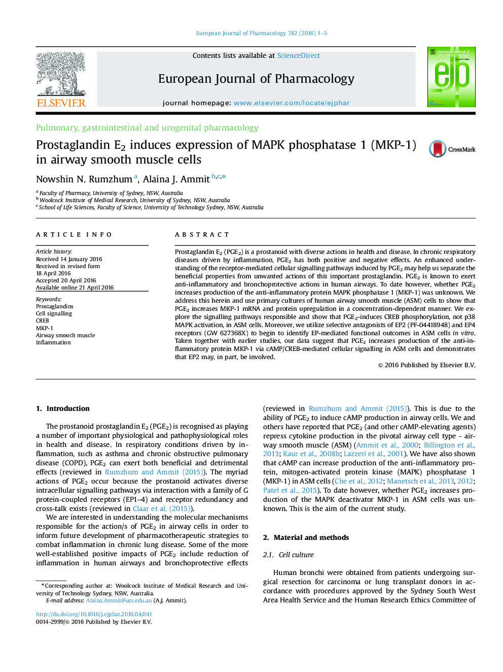 Prostaglandin E2 induces expression of MAPK phosphatase 1 (MKP-1) in airway smooth muscle cells