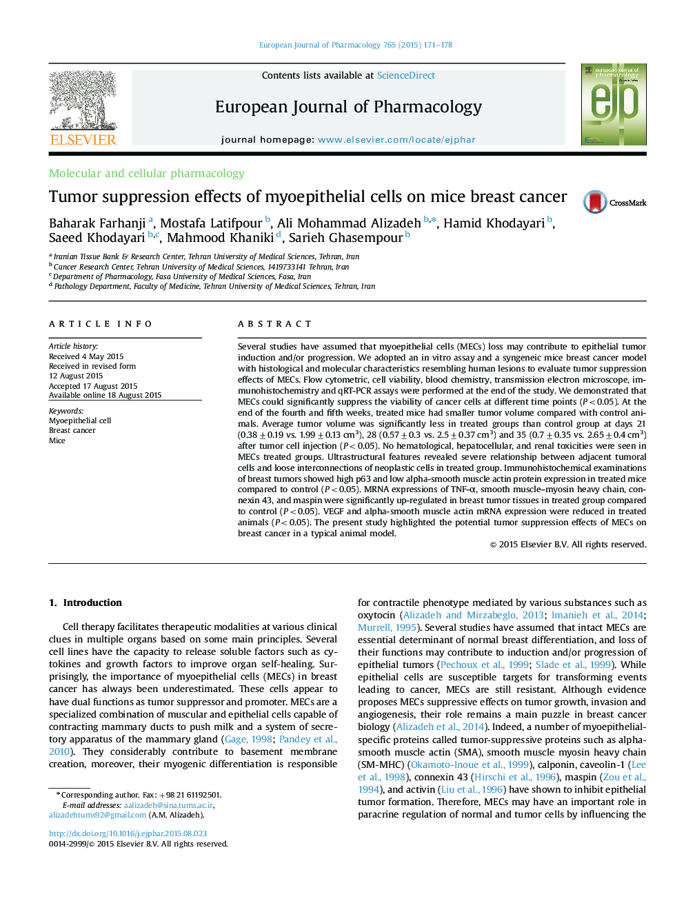 Molecular and cellular pharmacologyTumor suppression effects of myoepithelial cells on mice breast cancer