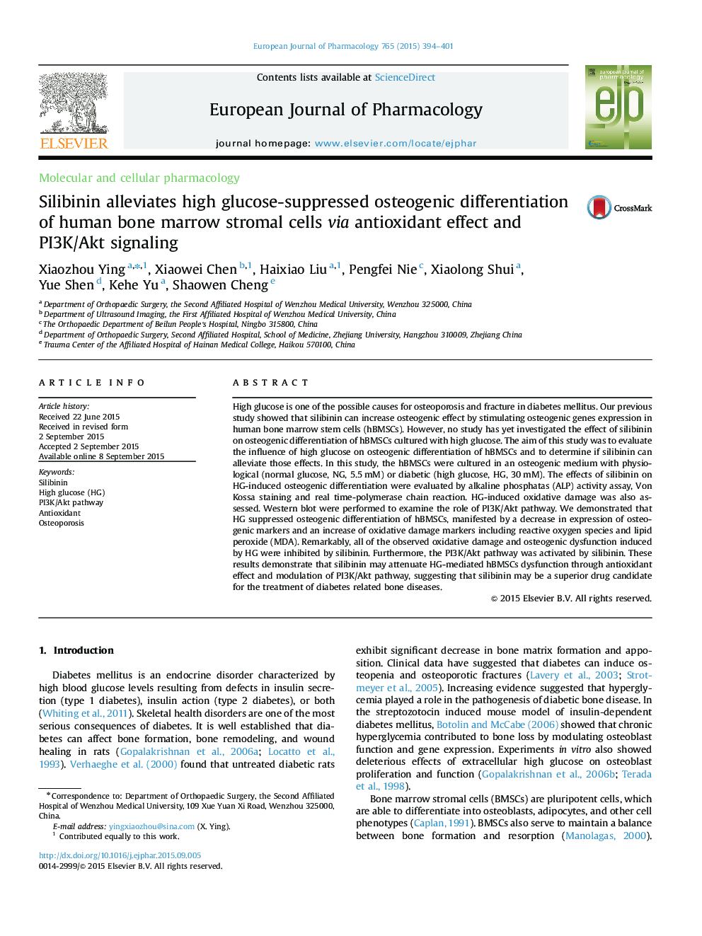 Silibinin alleviates high glucose-suppressed osteogenic differentiation of human bone marrow stromal cells via antioxidant effect and PI3K/Akt signaling