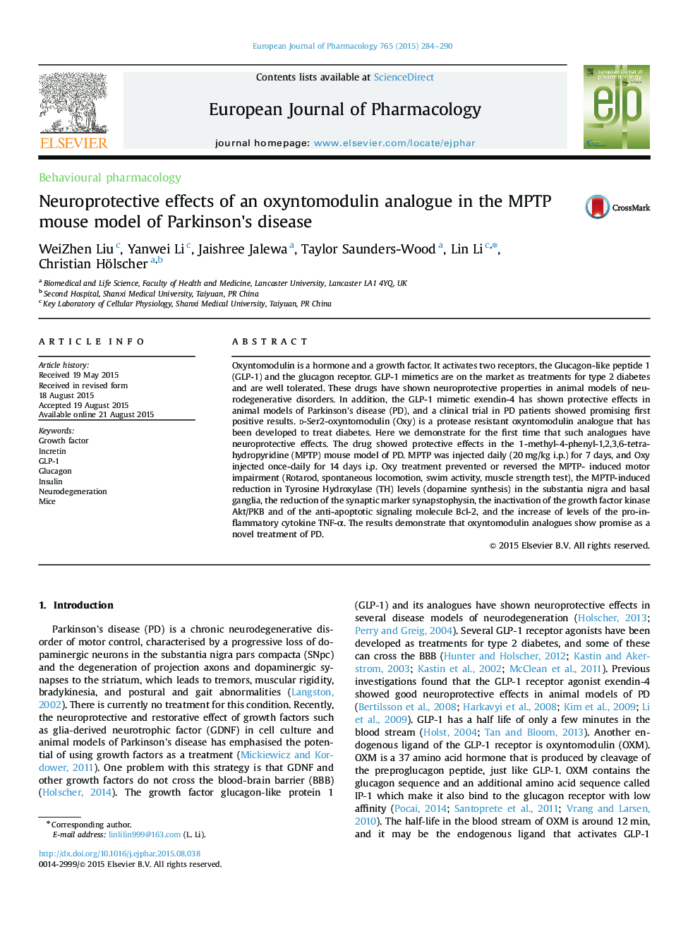 Neuroprotective effects of an oxyntomodulin analogue in the MPTP mouse model of Parkinson's disease