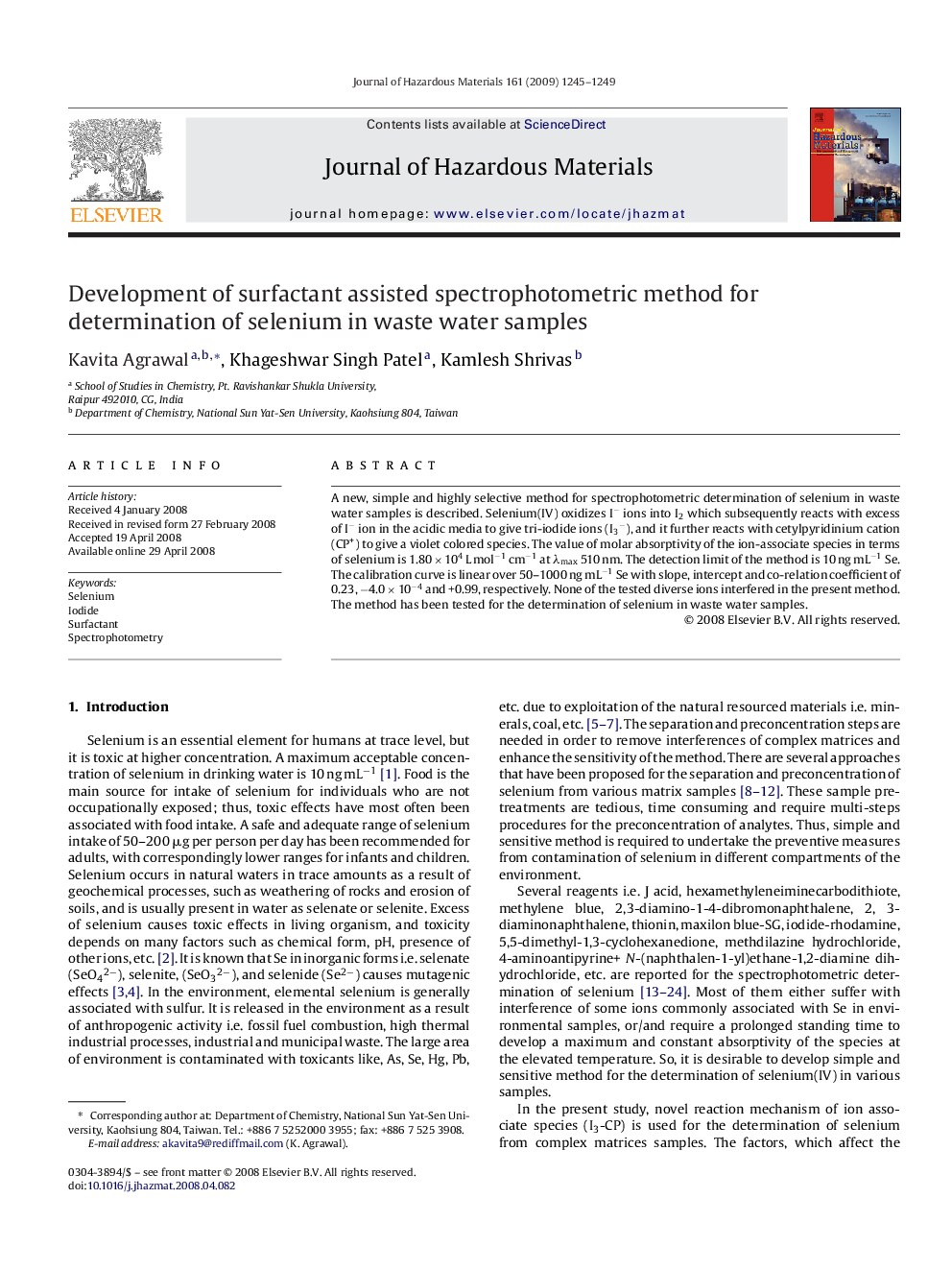 Development of surfactant assisted spectrophotometric method for determination of selenium in waste water samples