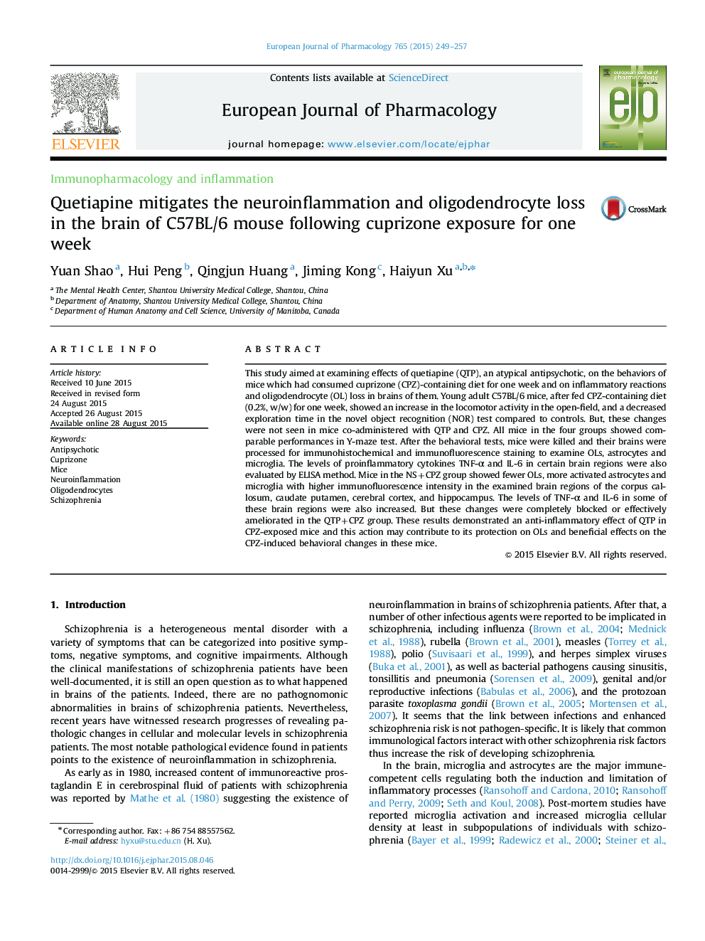 Immunopharmacology and inflammationQuetiapine mitigates the neuroinflammation and oligodendrocyte loss in the brain of C57BL/6 mouse following cuprizone exposure for one week