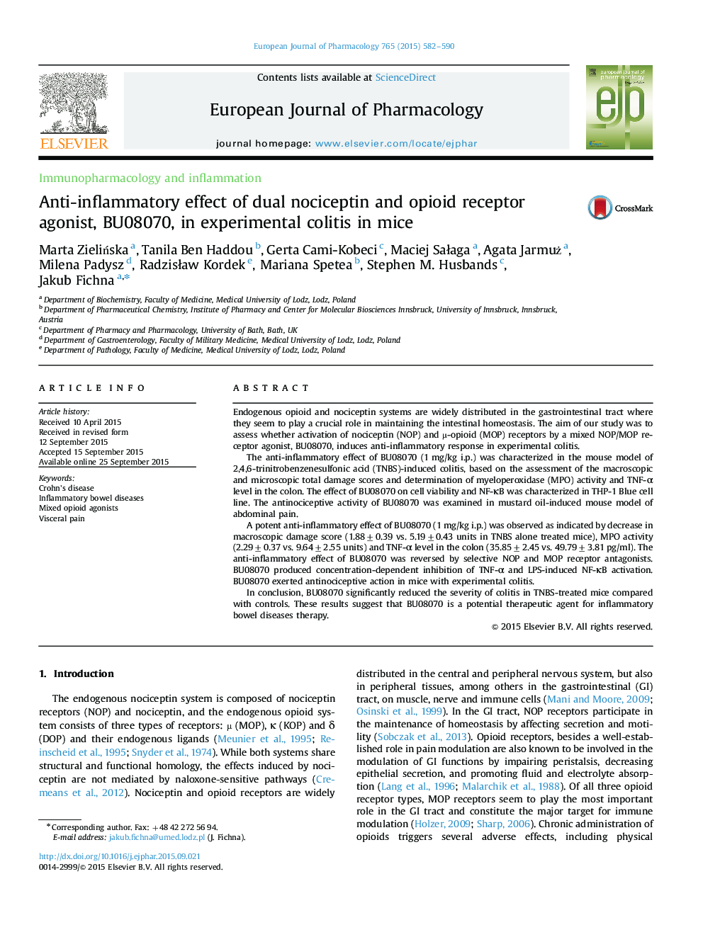 Immunopharmacology and inflammationAnti-inflammatory effect of dual nociceptin and opioid receptor agonist, BU08070, in experimental colitis in mice