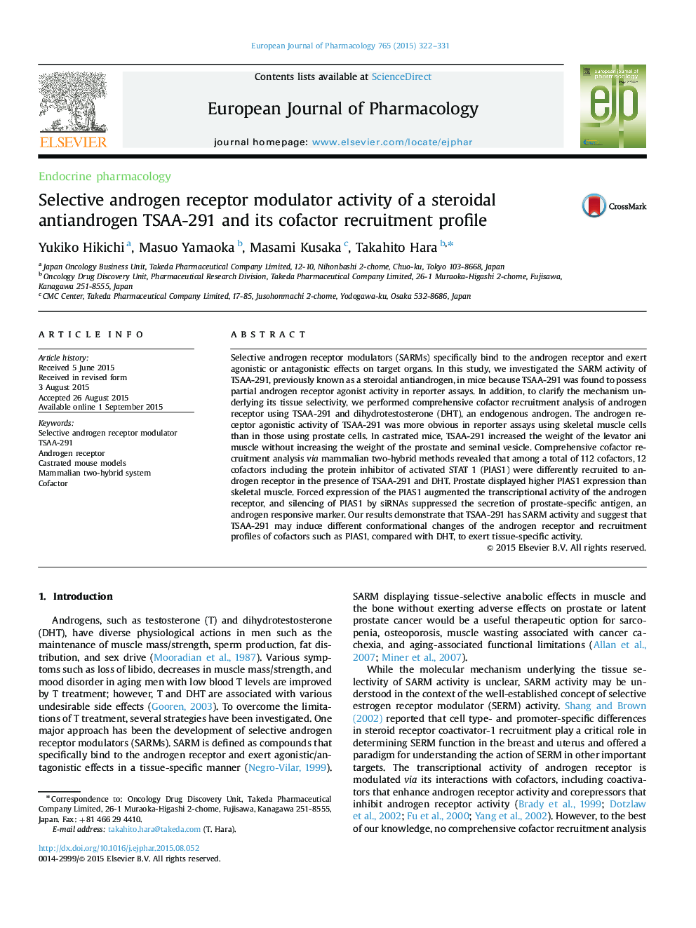 Selective androgen receptor modulator activity of a steroidal antiandrogen TSAA-291 and its cofactor recruitment profile