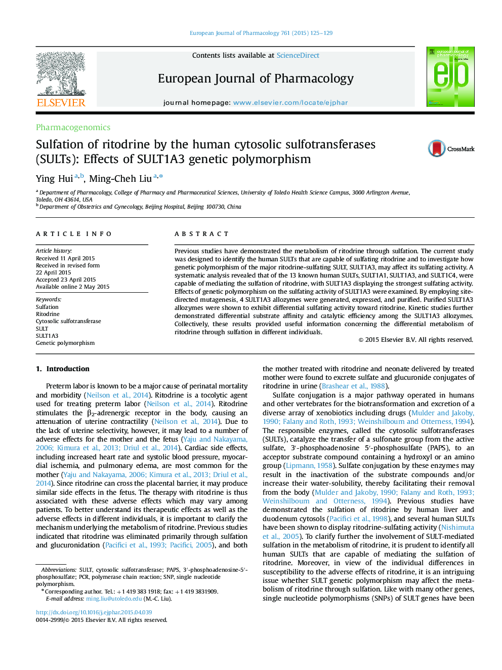 Sulfation of ritodrine by the human cytosolic sulfotransferases (SULTs): Effects of SULT1A3 genetic polymorphism