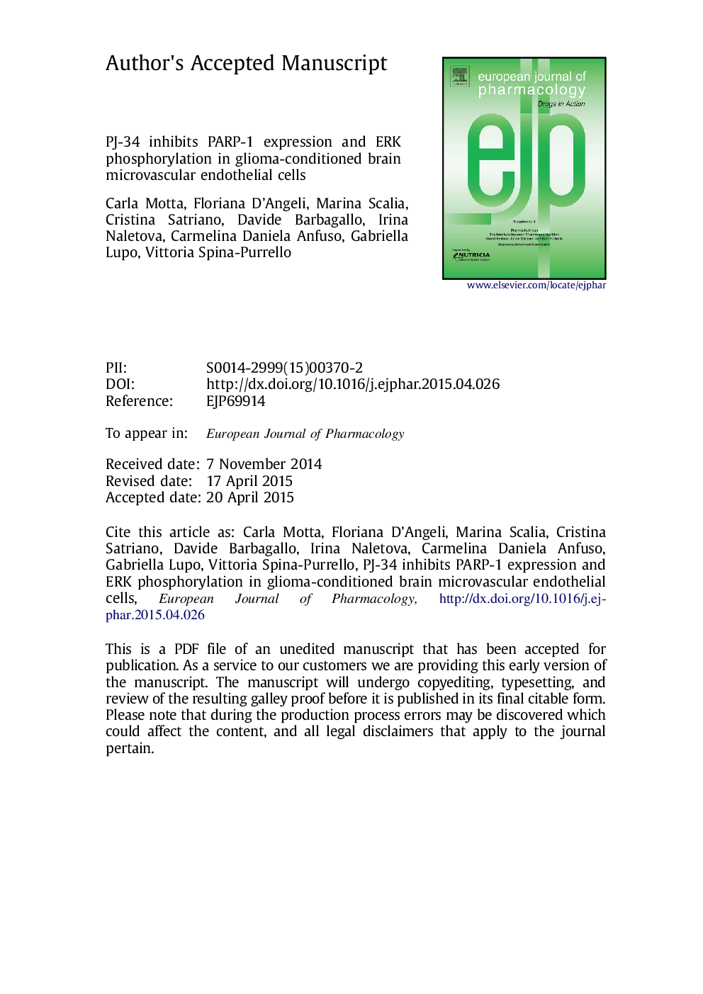 PJ-34 inhibits PARP-1 expression and ERK phosphorylation in glioma-conditioned brain microvascular endothelial cells