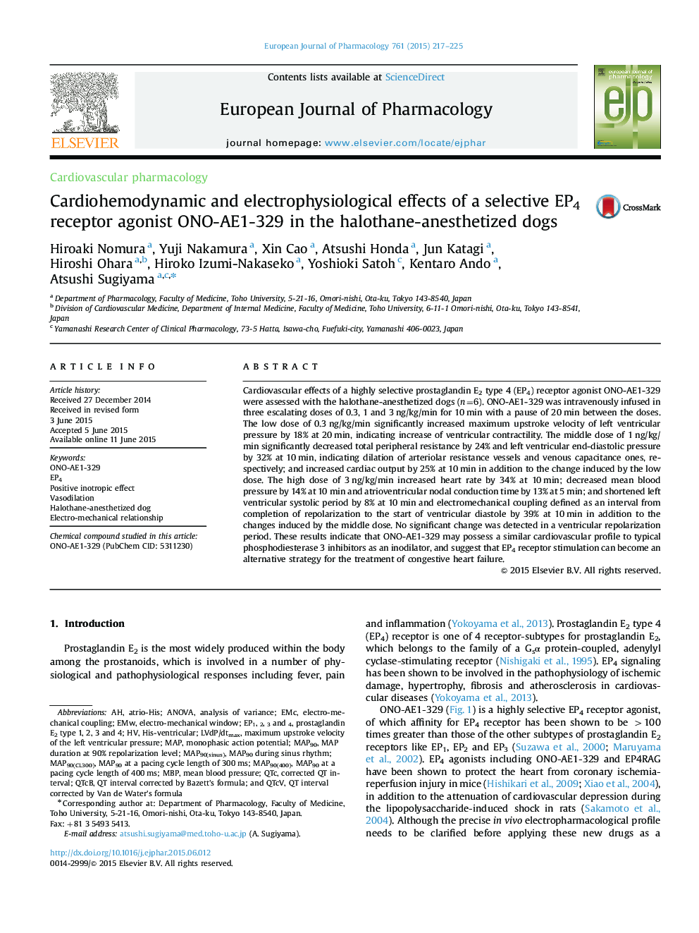 Cardiohemodynamic and electrophysiological effects of a selective EP4 receptor agonist ONOÂ­-AE1Â­-329 in the halothane-anesthetized dogs