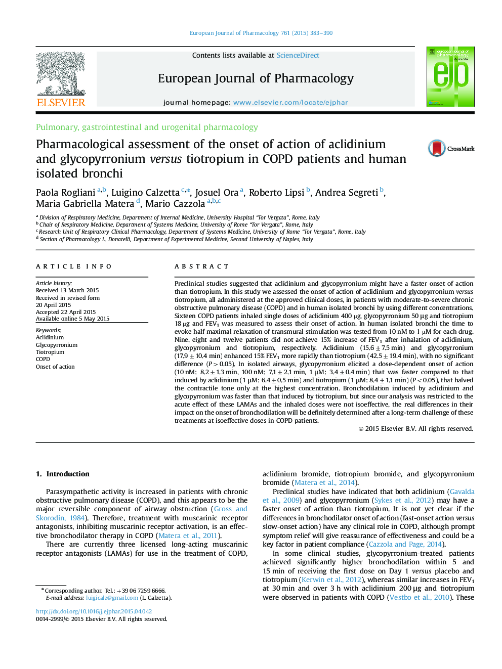 Pulmonary, gastrointestinal and urogenital pharmacologyPharmacological assessment of the onset of action of aclidinium and glycopyrronium versus tiotropium in COPD patients and human isolated bronchi