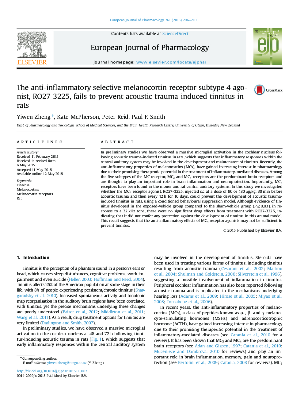 The anti-inflammatory selective melanocortin receptor subtype 4 agonist, RO27-3225, fails to prevent acoustic trauma-induced tinnitus in rats