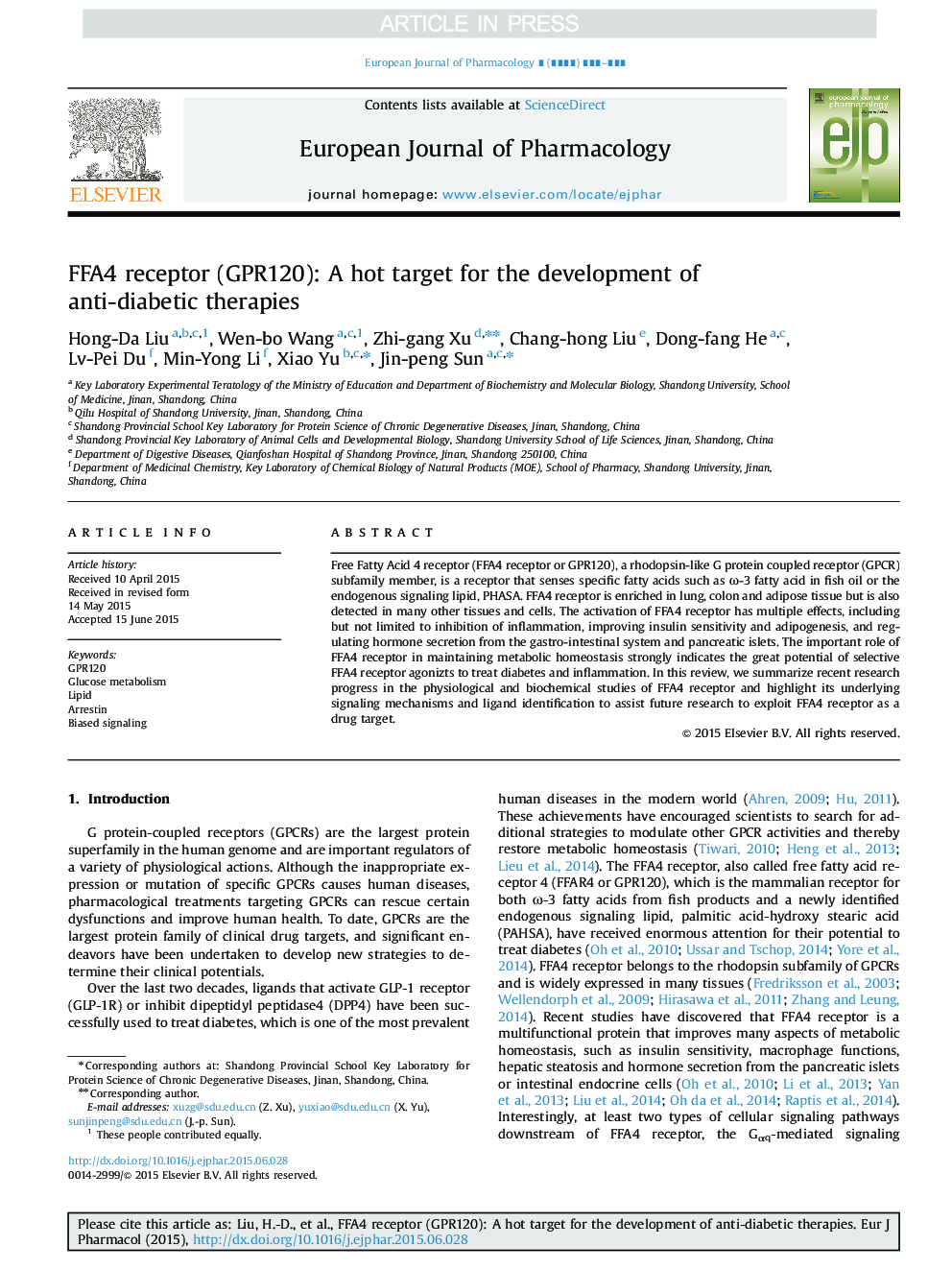 FFA4 receptor (GPR120): A hot target for the development of anti-diabetic therapies