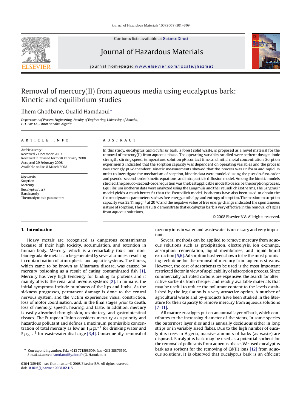 Removal of mercury(II) from aqueous media using eucalyptus bark: Kinetic and equilibrium studies