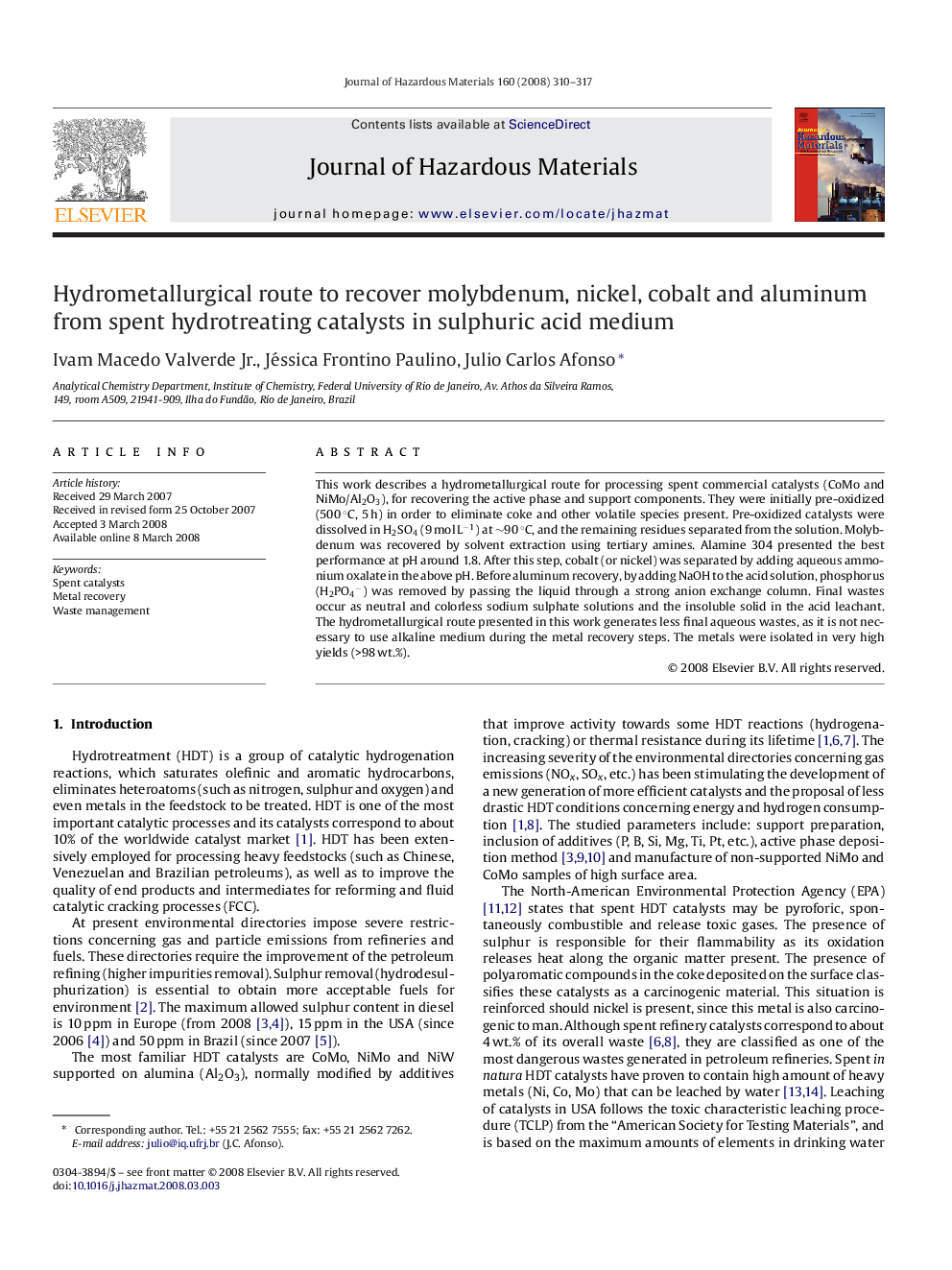 Hydrometallurgical route to recover molybdenum, nickel, cobalt and aluminum from spent hydrotreating catalysts in sulphuric acid medium