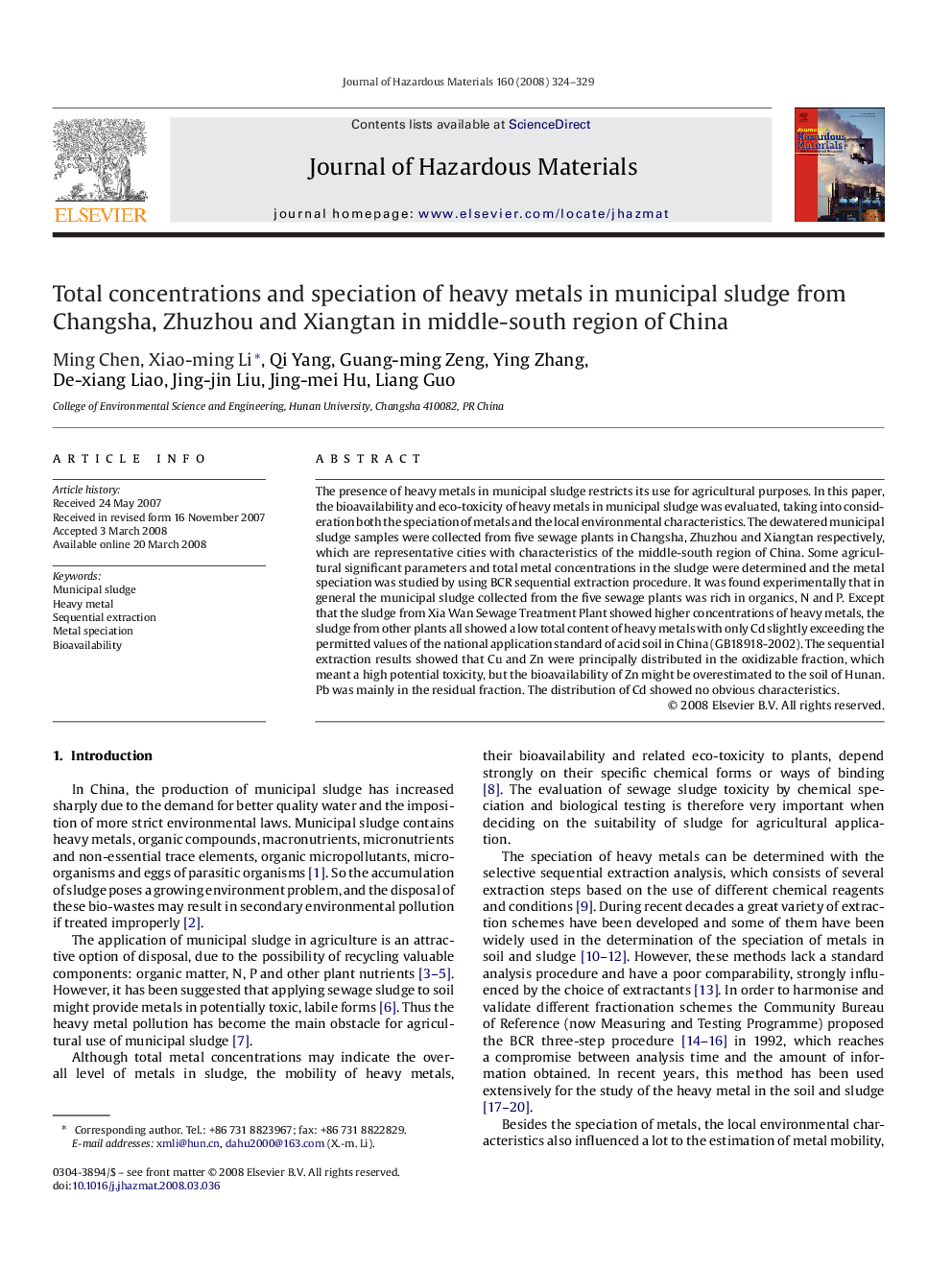 Total concentrations and speciation of heavy metals in municipal sludge from Changsha, Zhuzhou and Xiangtan in middle-south region of China