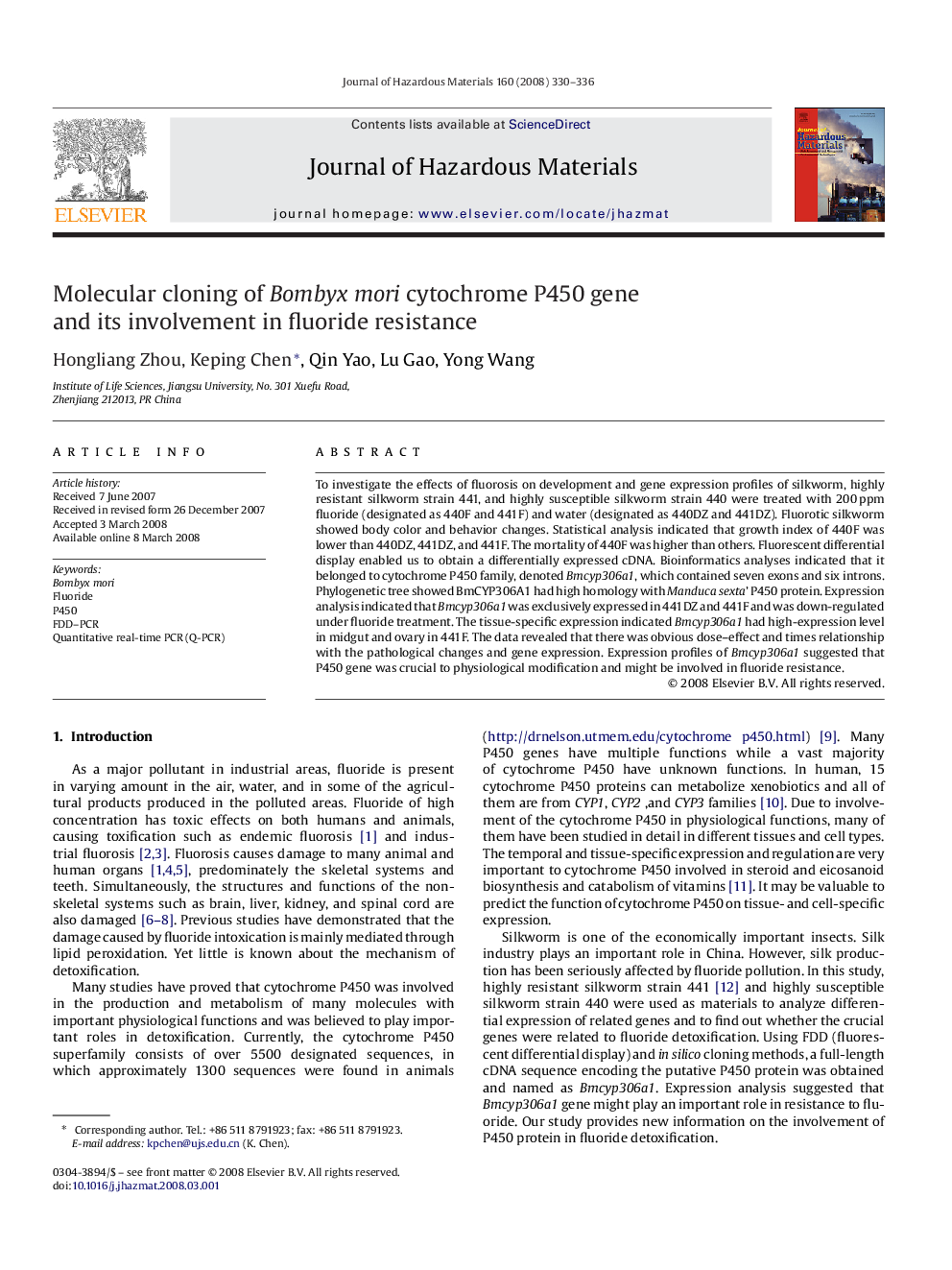 Molecular cloning of Bombyx mori cytochrome P450 gene and its involvement in fluoride resistance