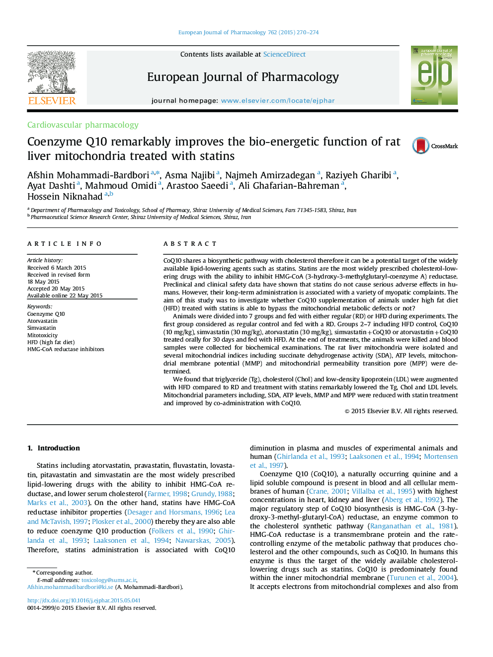 Coenzyme Q10 remarkably improves the bio-energetic function of rat liver mitochondria treated with statins