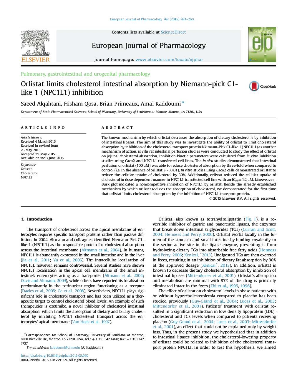 Pulmonary, gastrointestinal and urogenital pharmacologyOrlistat limits cholesterol intestinal absorption by Niemann-pick C1-like 1 (NPC1L1) inhibition