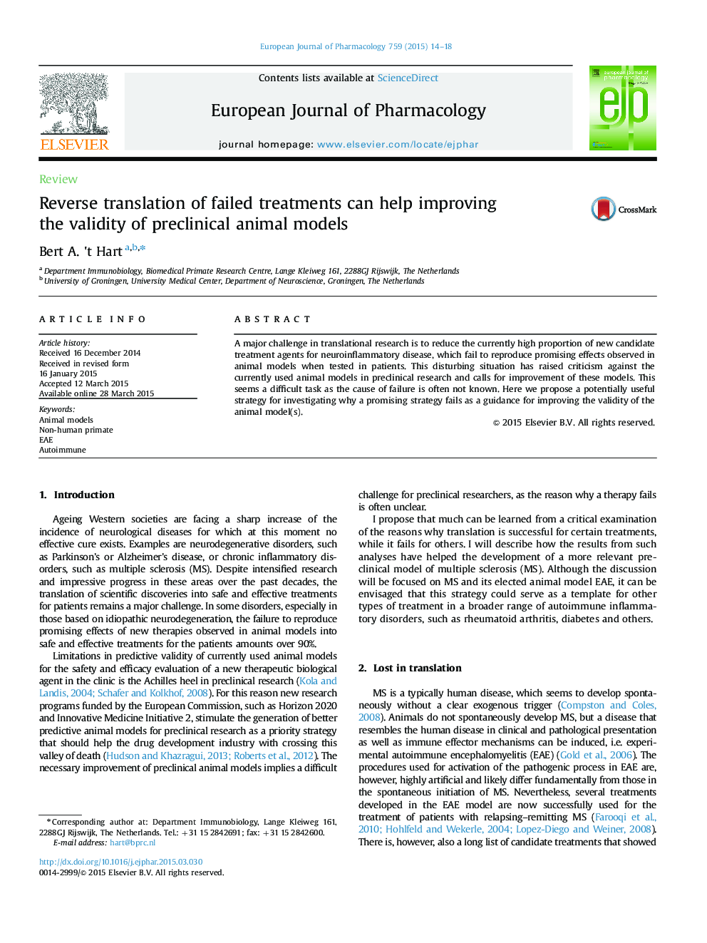 ReviewReverse translation of failed treatments can help improving the validity of preclinical animal models