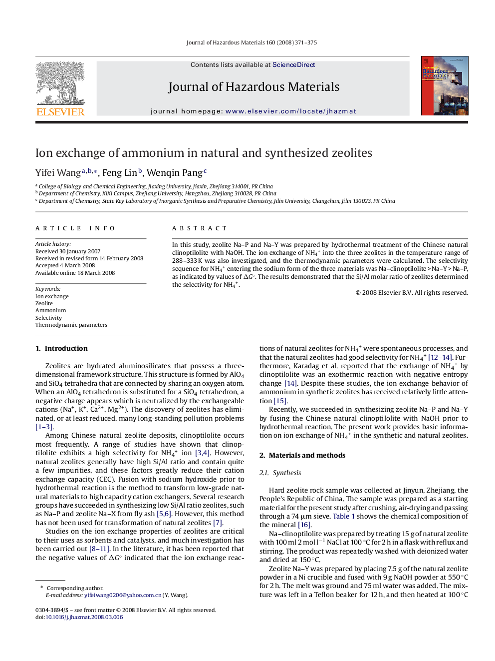 Ion exchange of ammonium in natural and synthesized zeolites