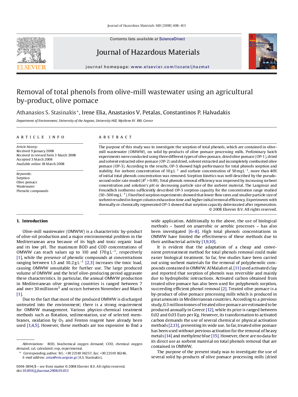 Removal of total phenols from olive-mill wastewater using an agricultural by-product, olive pomace