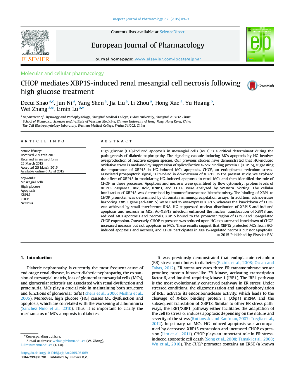 Molecular and cellular pharmacologyCHOP mediates XBP1S-induced renal mesangial cell necrosis following high glucose treatment