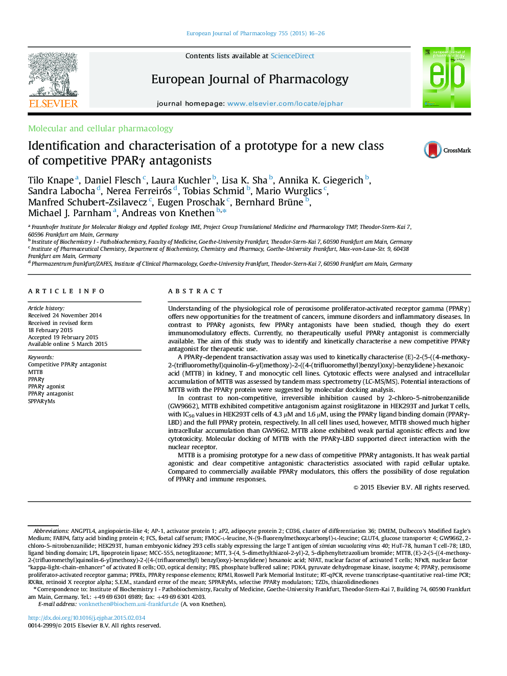 Molecular and cellular pharmacologyIdentification and characterisation of a prototype for a new class of competitive PPARÎ³ antagonists