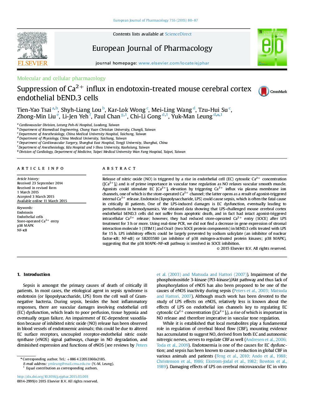 Suppression of Ca2+ influx in endotoxin-treated mouse cerebral cortex endothelial bEND.3 cells