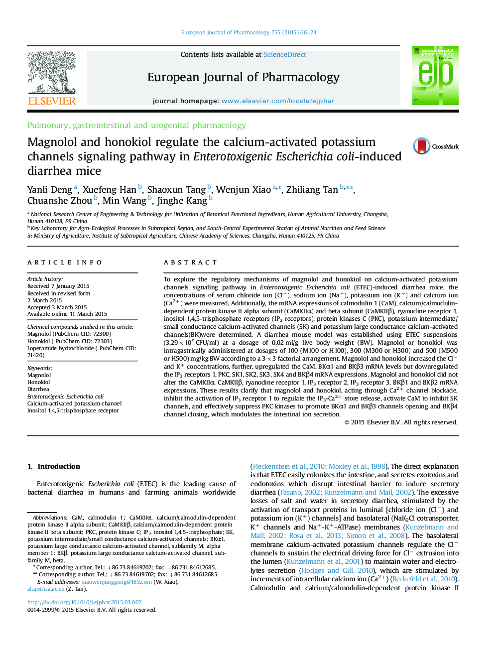 Magnolol and honokiol regulate the calcium-activated potassium channels signaling pathway in Enterotoxigenic Escherichia coli-induced diarrhea mice