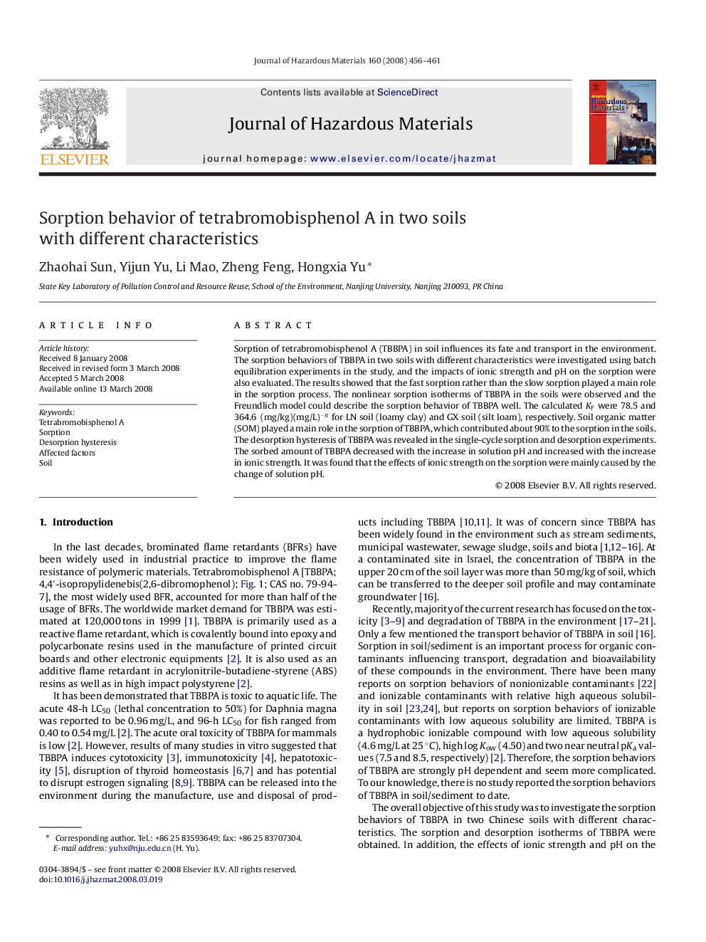 Sorption behavior of tetrabromobisphenol A in two soils with different characteristics