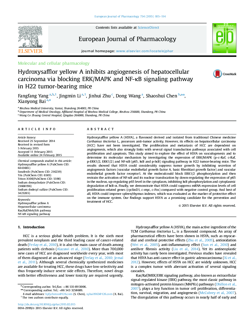 Hydroxysafflor yellow A inhibits angiogenesis of hepatocellular carcinoma via blocking ERK/MAPK and NF-ÎºB signaling pathway in H22 tumor-bearing mice