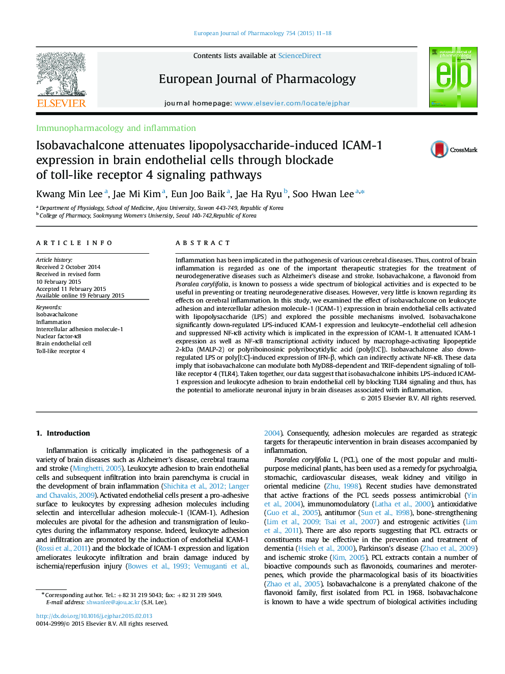 Isobavachalcone attenuates lipopolysaccharide-induced ICAM-1 expression in brain endothelial cells through blockade of toll-like receptor 4 signaling pathways