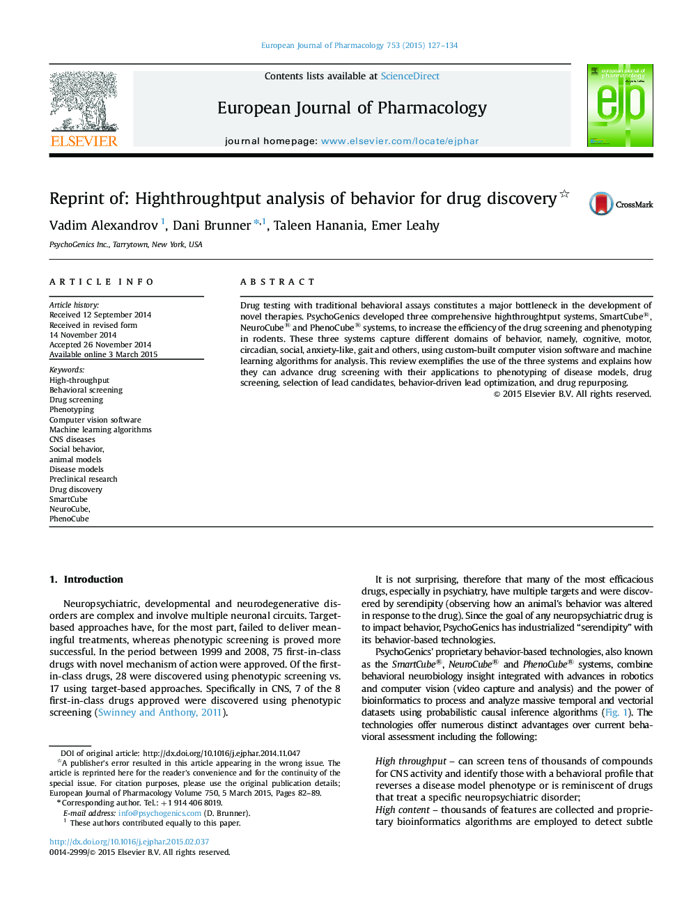 Reprint of: Highthroughtput analysis of behavior for drug discovery