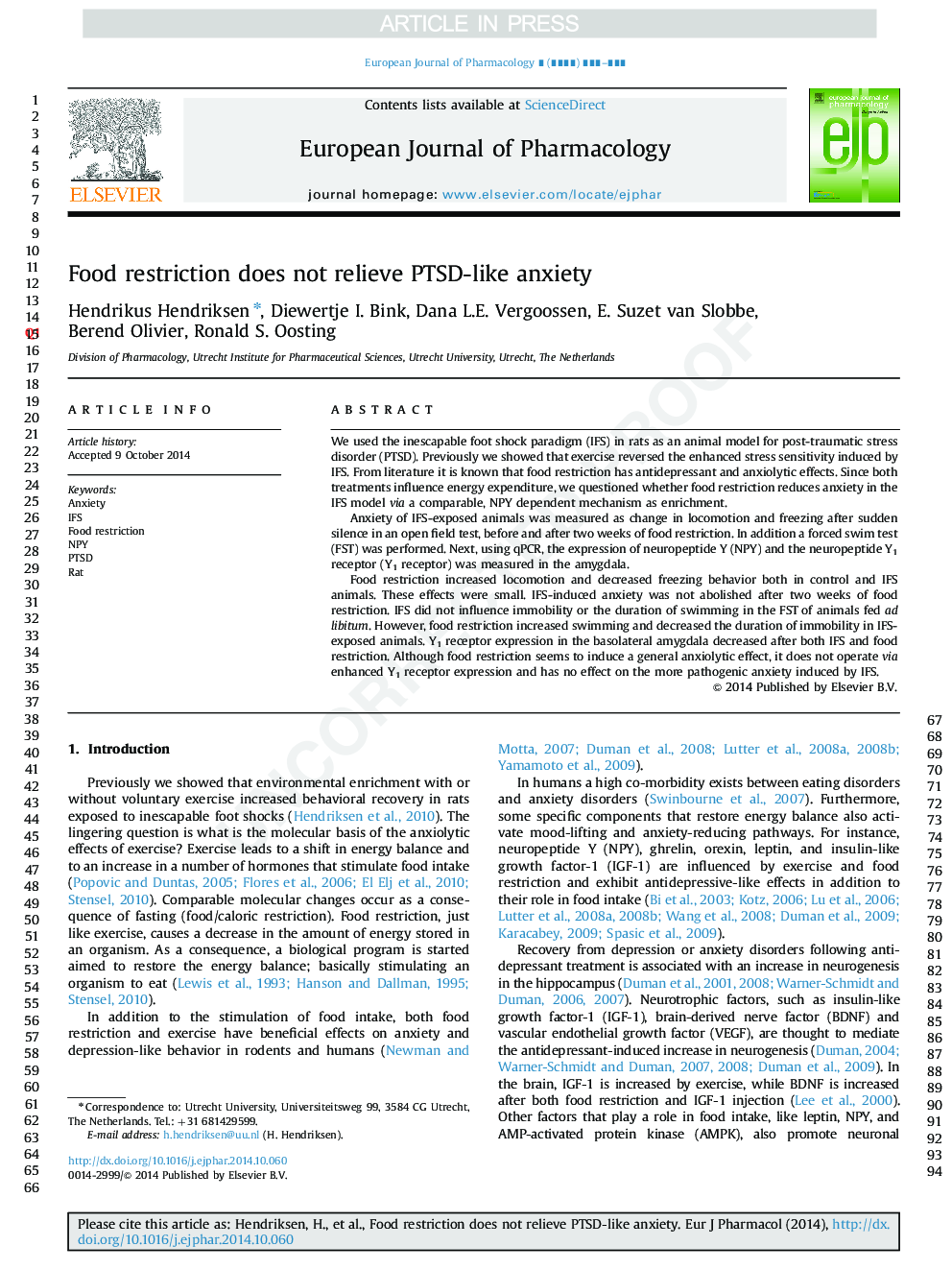 Food restriction does not relieve PTSD-like anxiety