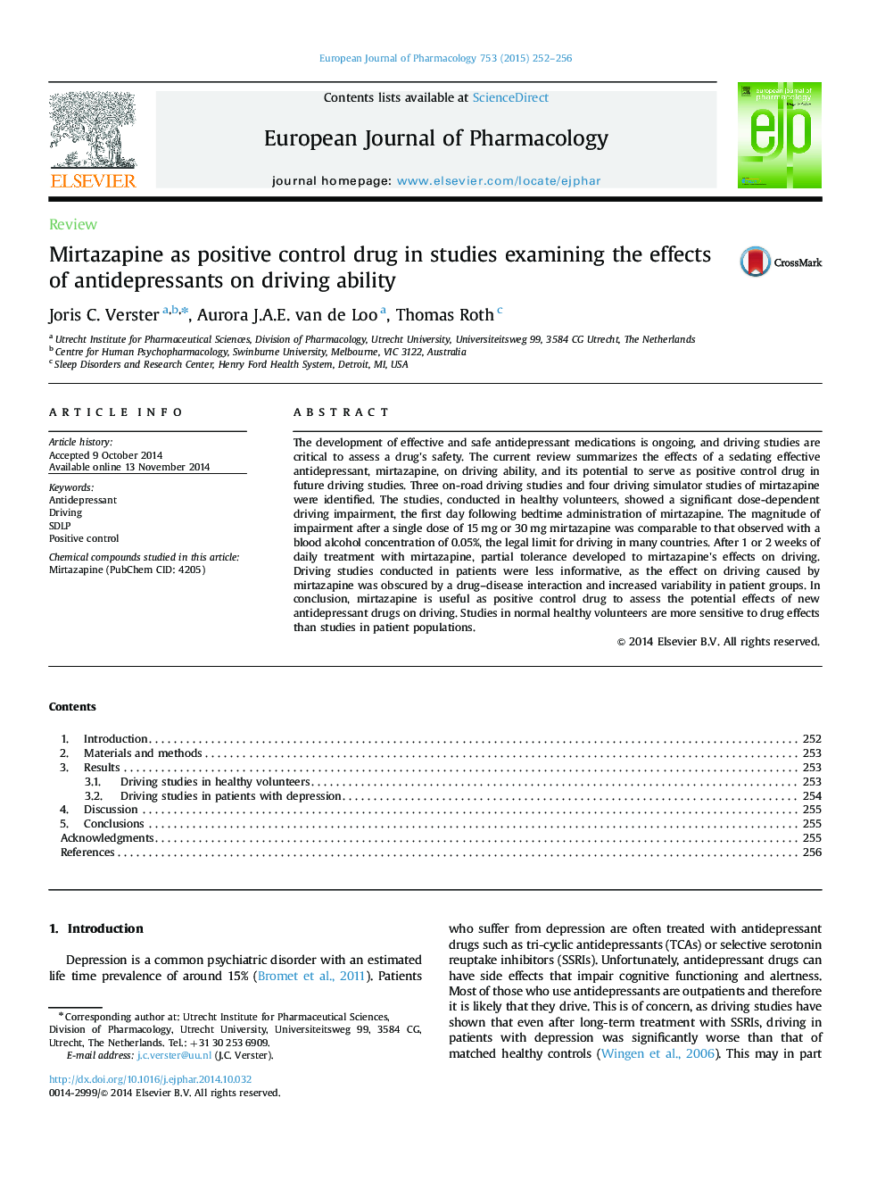 Mirtazapine as positive control drug in studies examining the effects of antidepressants on driving ability