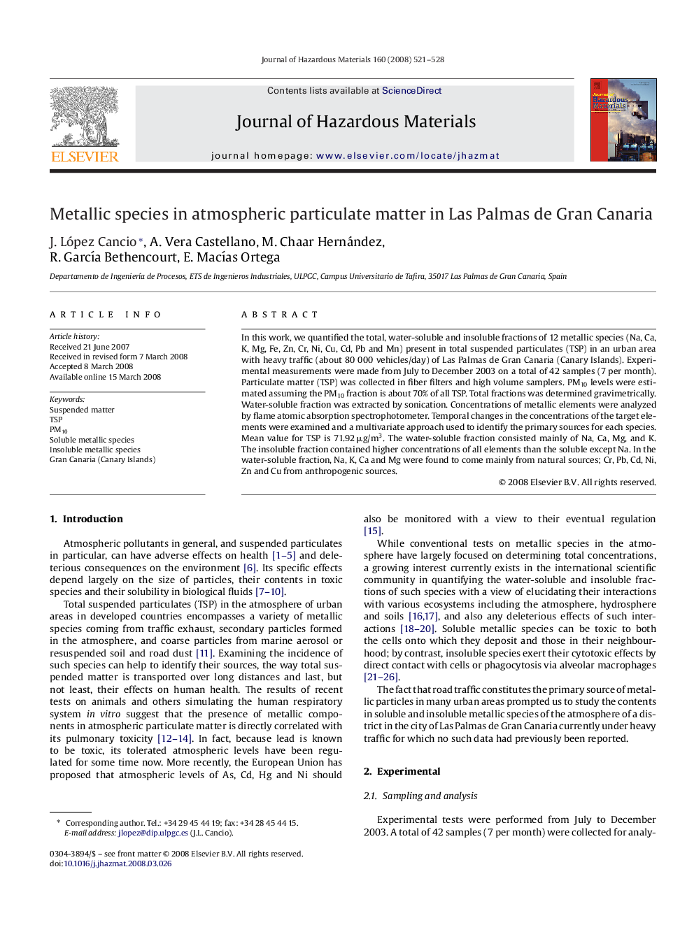 Metallic species in atmospheric particulate matter in Las Palmas de Gran Canaria