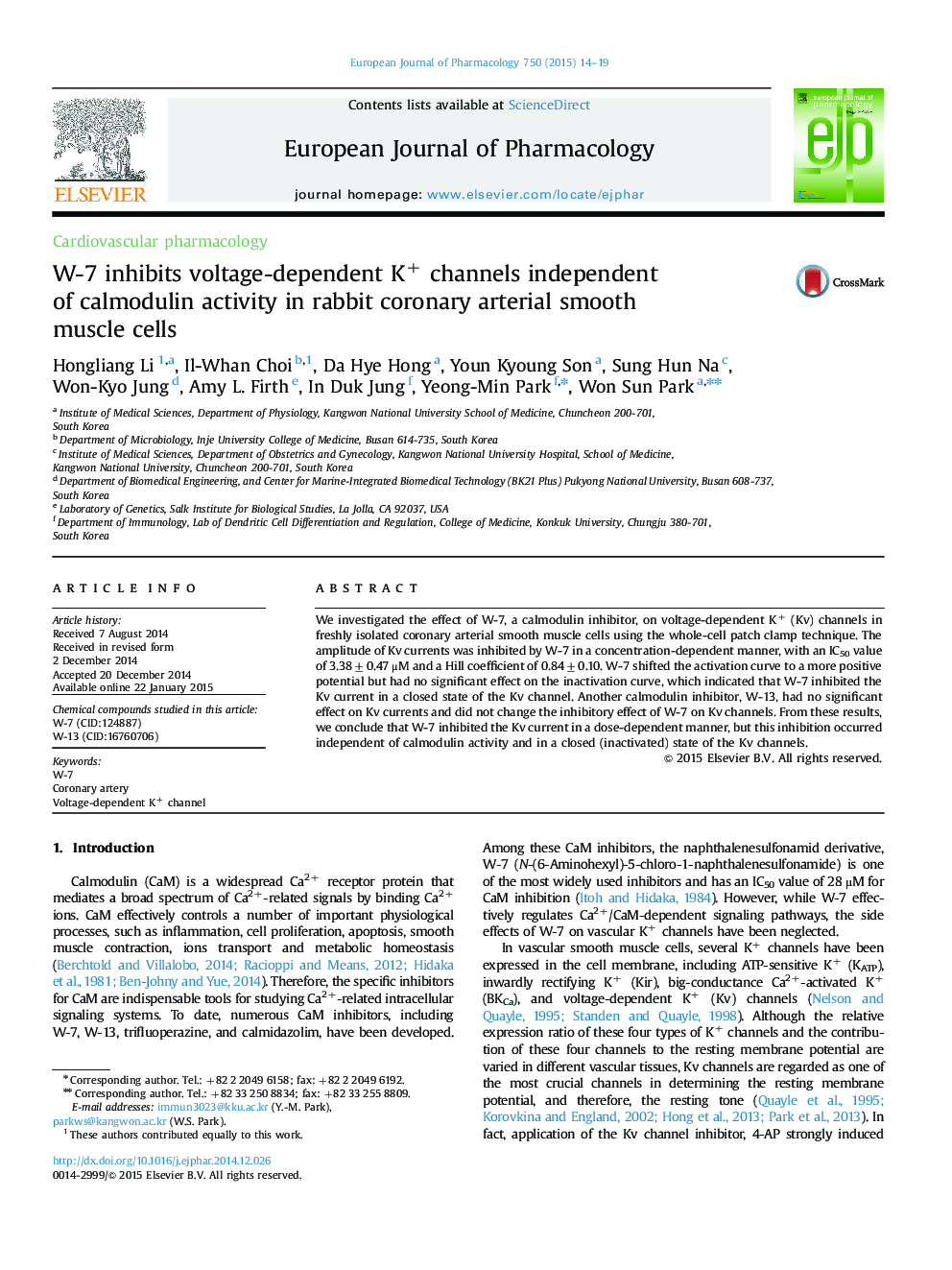 W-7 inhibits voltage-dependent K+ channels independent of calmodulin activity in rabbit coronary arterial smooth muscle cells