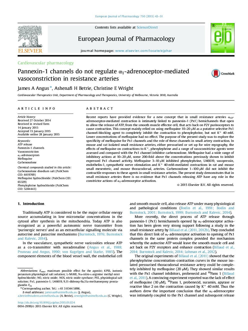 Cardiovascular pharmacologyPannexin-1 channels do not regulate Î±1-adrenoceptor-mediated vasoconstriction in resistance arteries