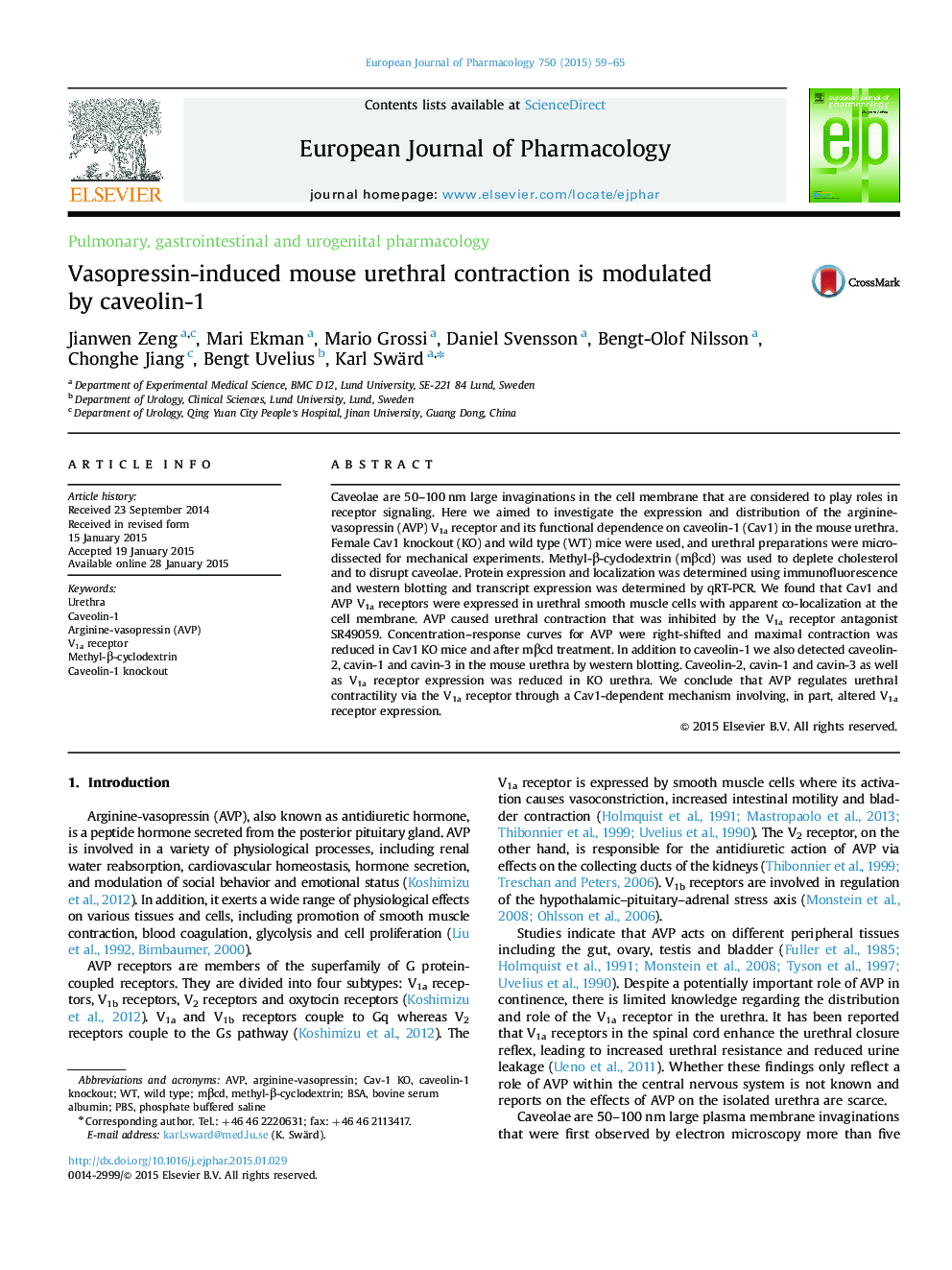 Vasopressin-induced mouse urethral contraction is modulated by caveolin-1