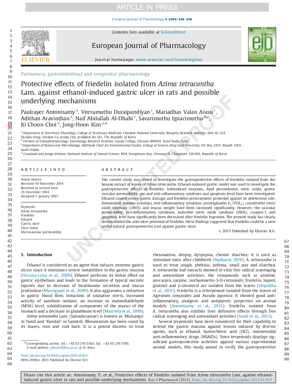 Protective effects of friedelin isolated from Azima tetracantha Lam. against ethanol-induced gastric ulcer in rats and possible underlying mechanisms