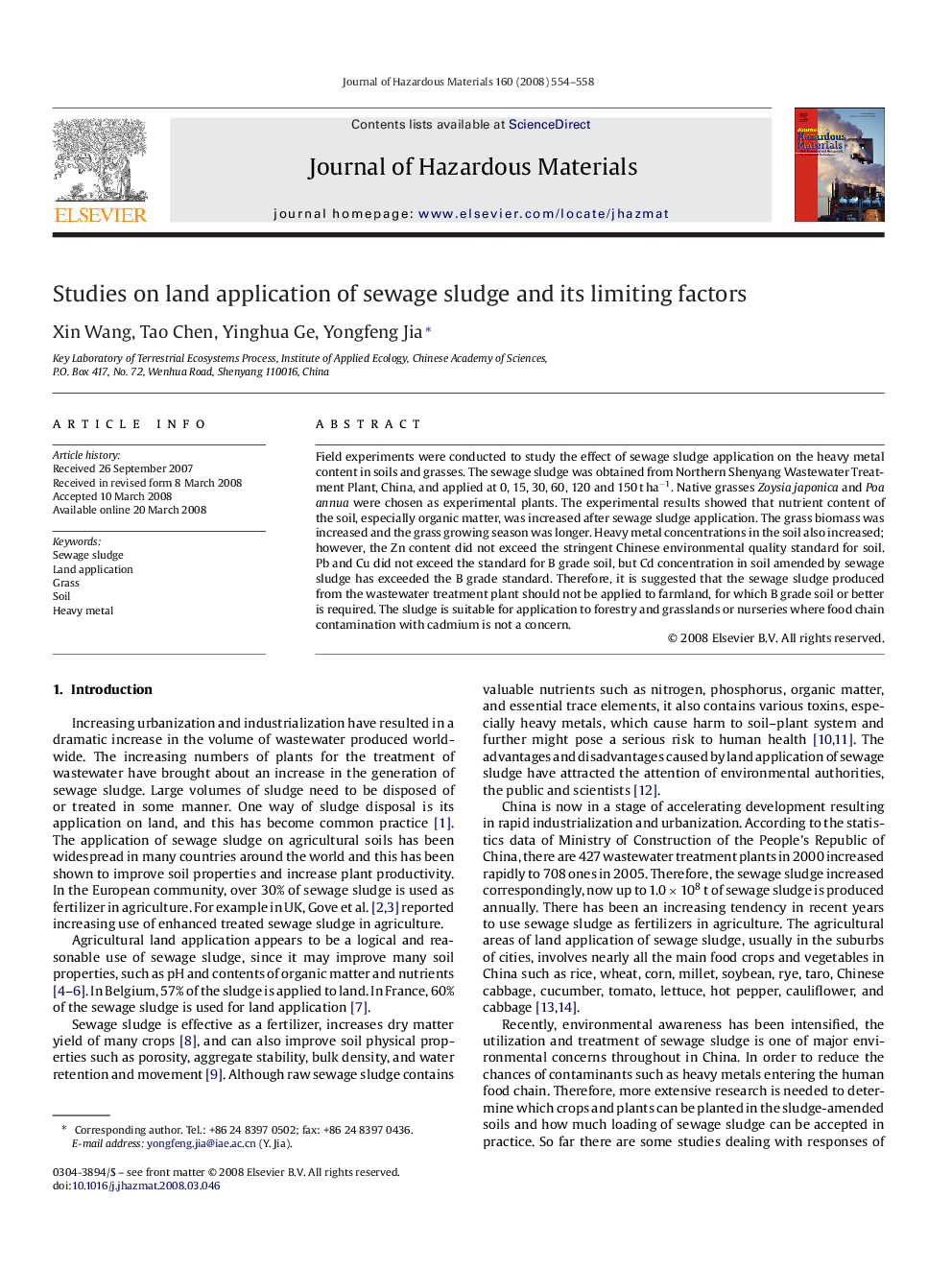 Studies on land application of sewage sludge and its limiting factors