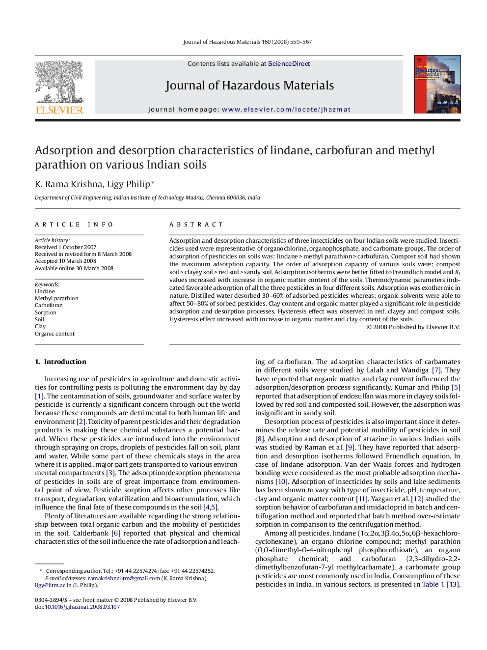 Adsorption and desorption characteristics of lindane, carbofuran and methyl parathion on various Indian soils