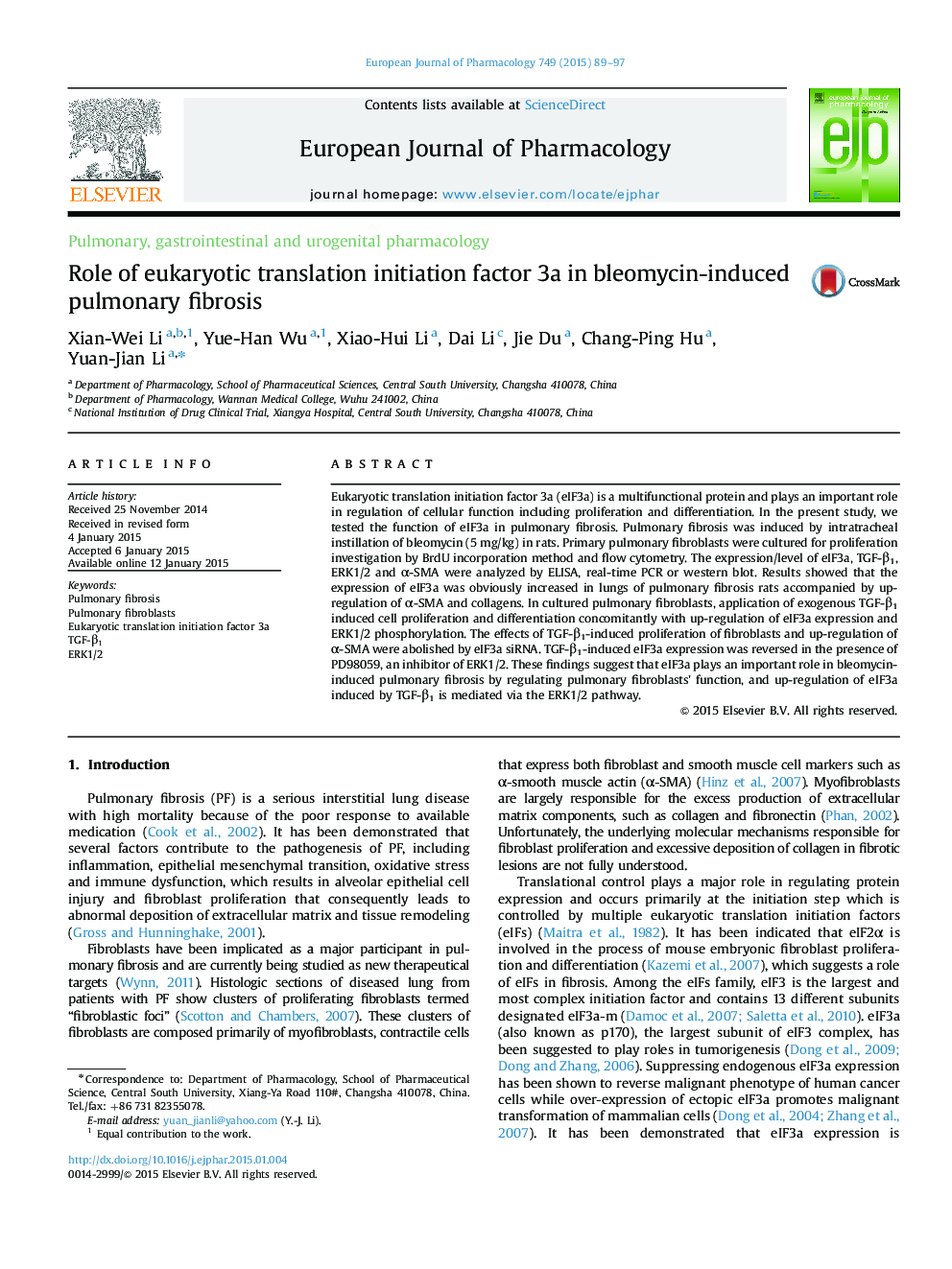 Pulmonary, gastrointestinal and urogenital pharmacologyRole of eukaryotic translation initiation factor 3a in bleomycin-induced pulmonary fibrosis