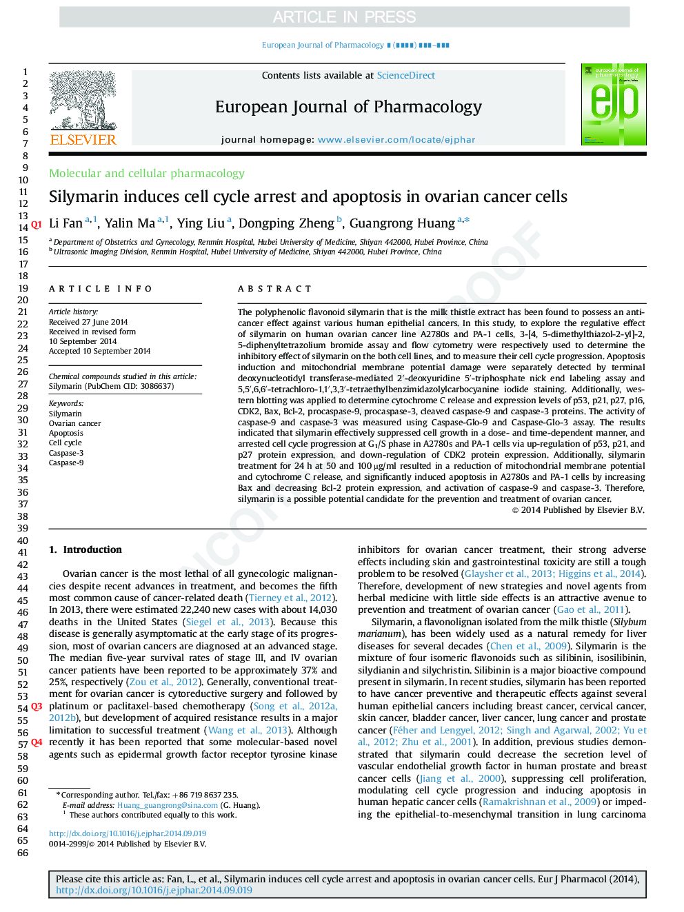 Silymarin induces cell cycle arrest and apoptosis in ovarian cancer cells