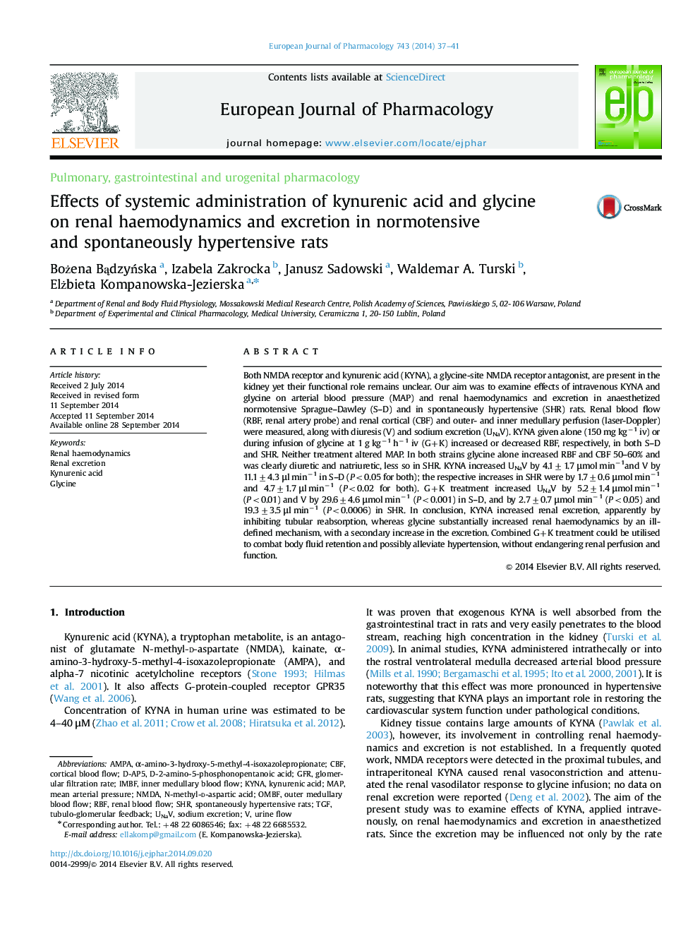 Pulmonary, gastrointestinal and urogenital pharmacologyEffects of systemic administration of kynurenic acid and glycine on renal haemodynamics and excretion in normotensive and spontaneously hypertensive rats