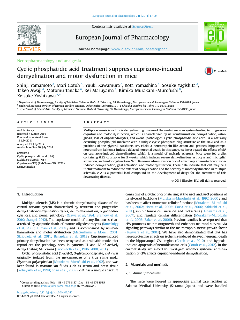 Cyclic phosphatidic acid treatment suppress cuprizone-induced demyelination and motor dysfunction in mice