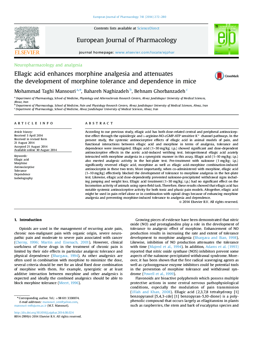 Ellagic acid enhances morphine analgesia and attenuates the development of morphine tolerance and dependence in mice