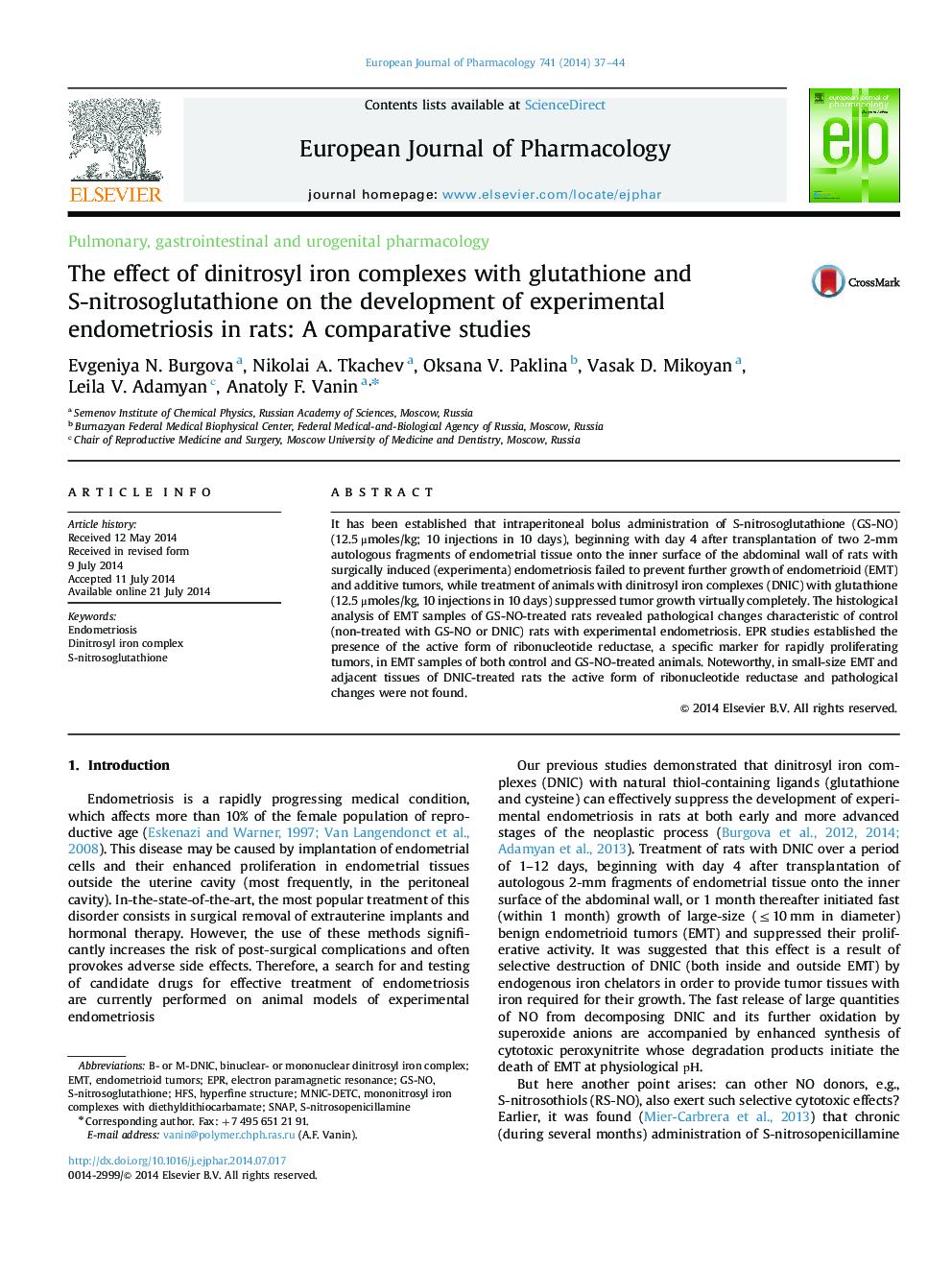 Pulmonary, gastrointestinal and urogenital pharmacologyThe effect of dinitrosyl iron complexes with glutathione and S-nitrosoglutathione on the development of experimental endometriosis in rats: A comparative studies