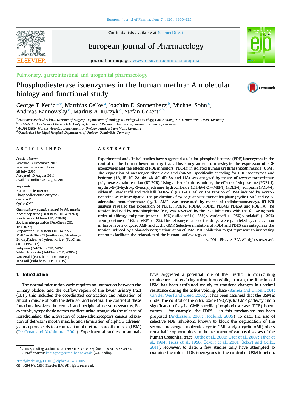 Pulmonary, gastrointestinal and urogenital pharmacologyPhosphodiesterase isoenzymes in the human urethra: A molecular biology and functional study