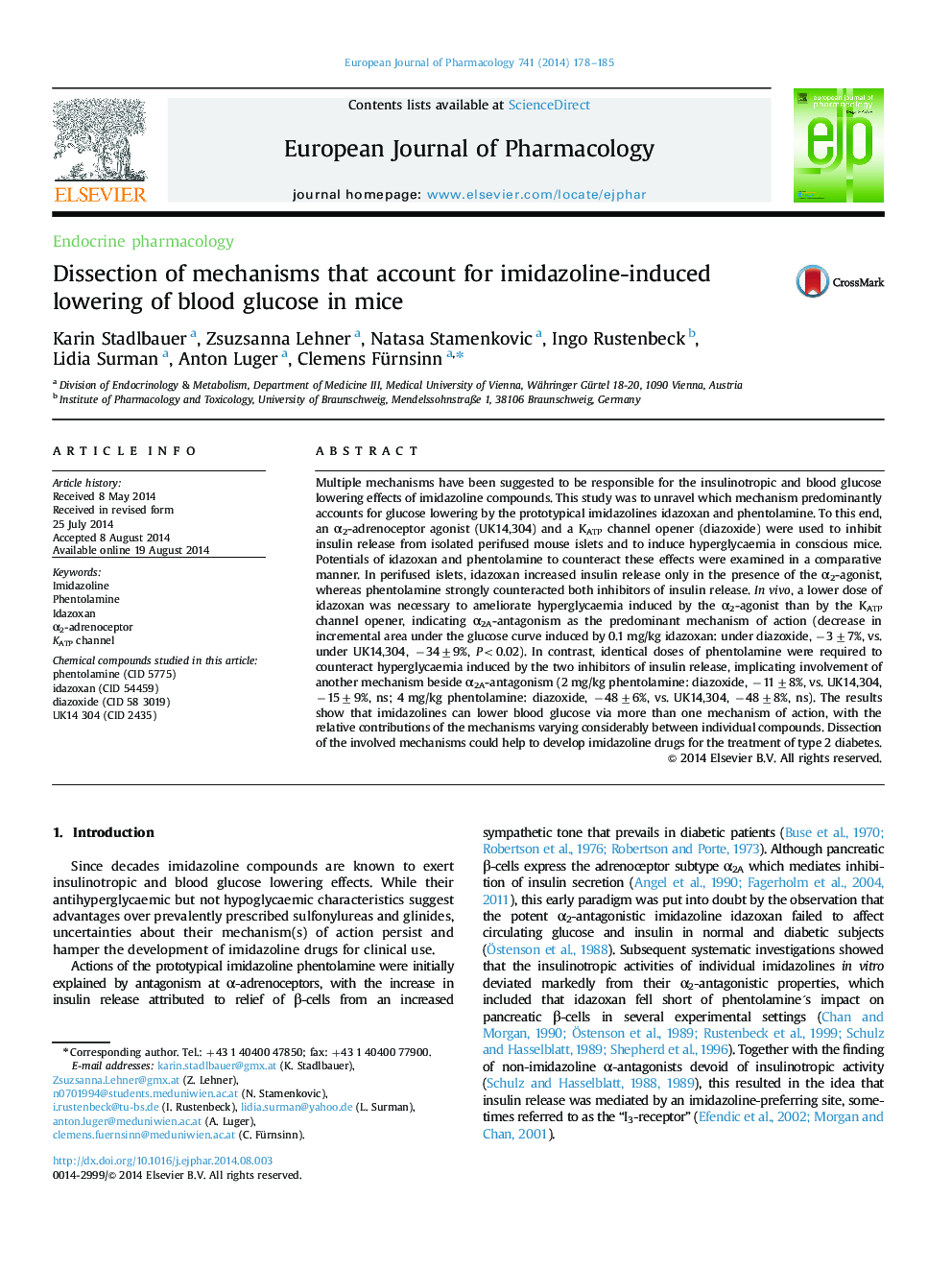 Endocrine pharmacologyDissection of mechanisms that account for imidazoline-induced lowering of blood glucose in mice