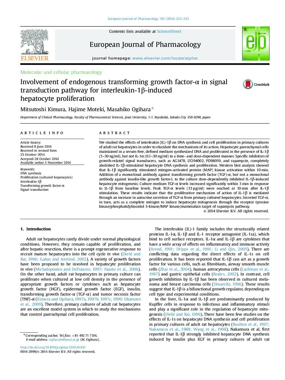 Molecular and cellular pharmacologyInvolvement of endogenous transforming growth factor-Î± in signal transduction pathway for interleukin-1Î²-induced hepatocyte proliferation