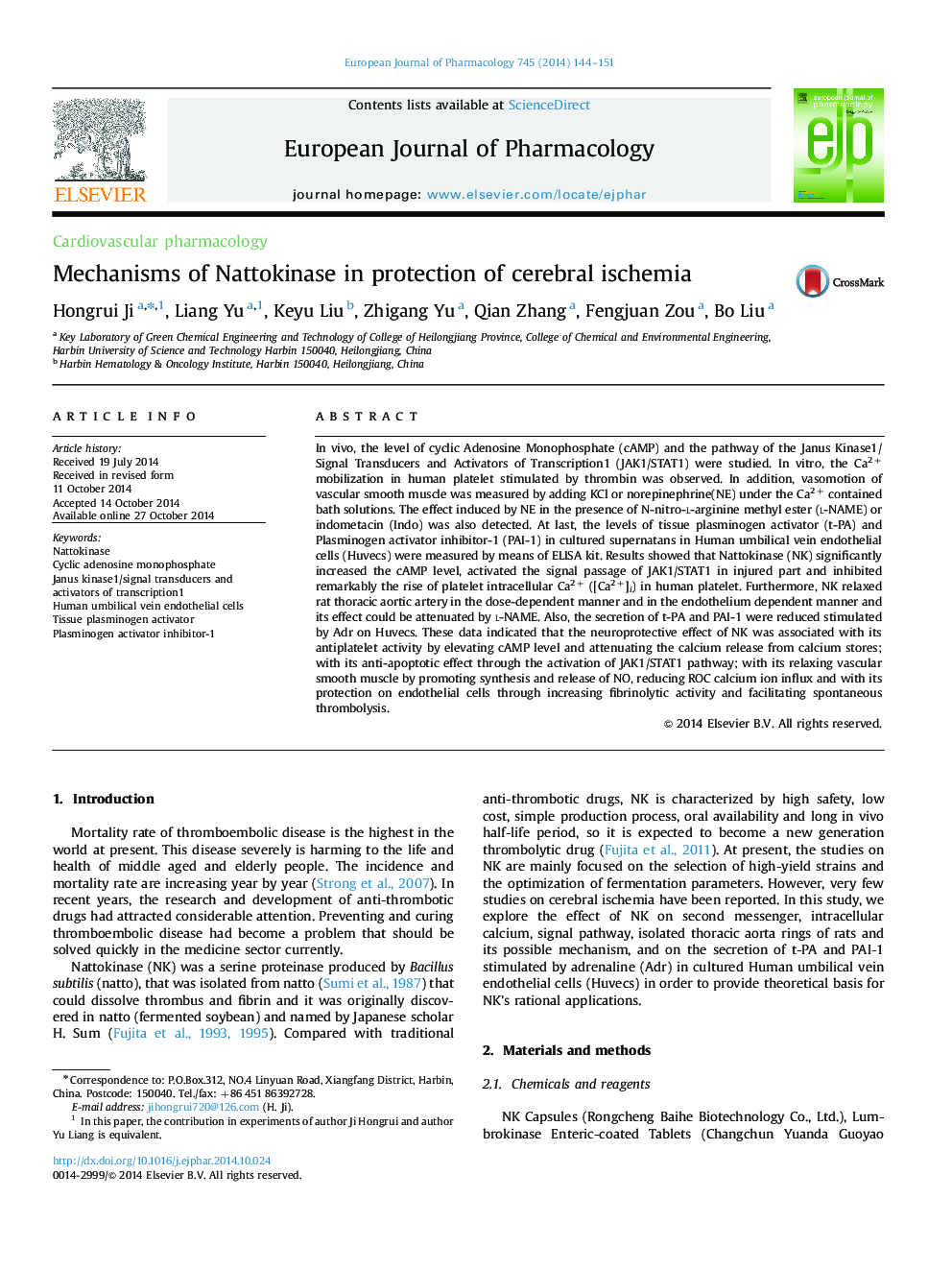 Cardiovascular pharmacologyMechanisms of Nattokinase in protection of cerebral ischemia